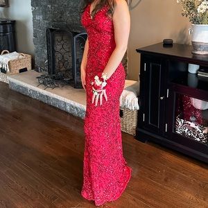 AMARRA Red Sequin Beaded Open Back V-Neck Prom Dress with Train